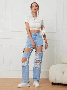 Cut Out Ripped Frayed Straight Leg Jeans - Light Wash - View 3
