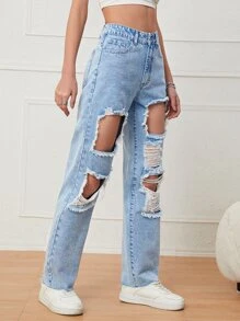 Cut Out Ripped Frayed Straight Leg Jeans - Light Wash - View 4