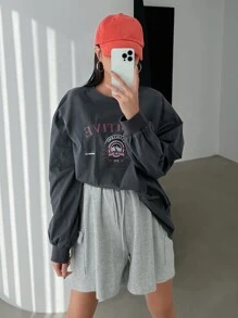 DAZY Mountain & Letter Graphic Drop Shoulder Tee - Dark Grey - View 7