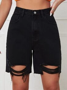 Ripped Raw Hem Denim Shorts - Black - View 4