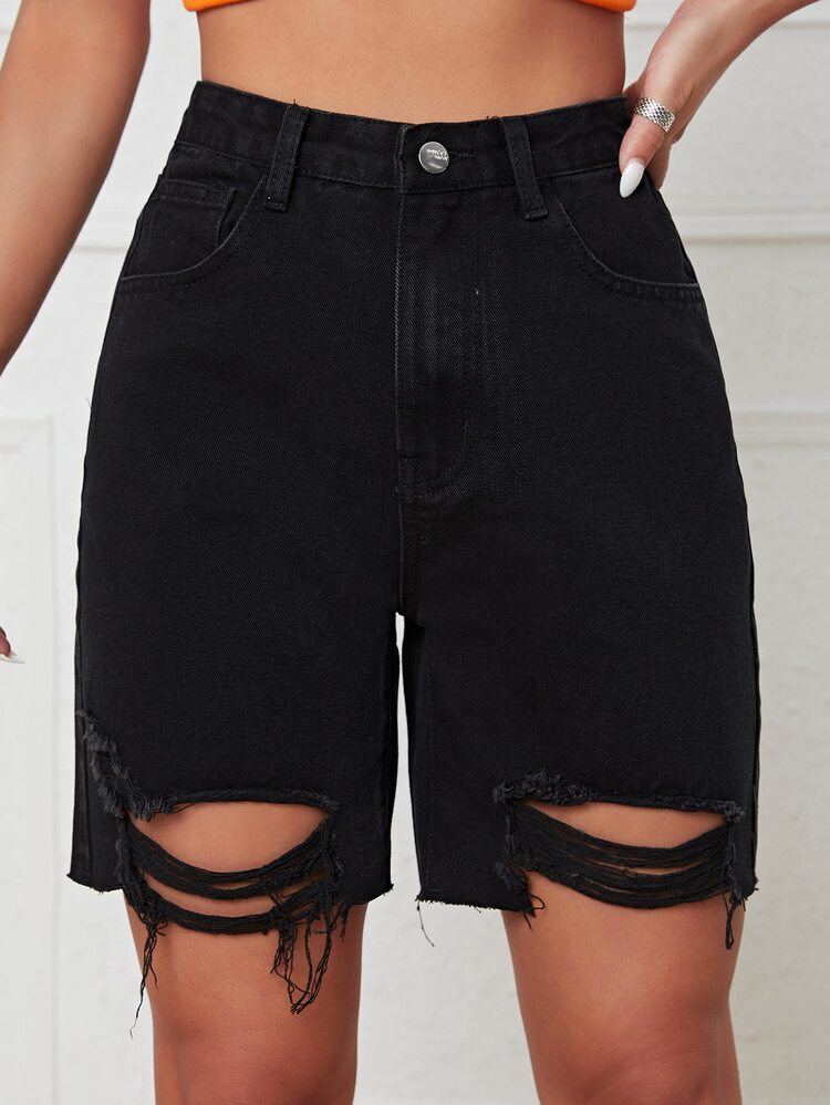 Shorts mezclilla desgarro bajo crudo - Negro - Añade 4