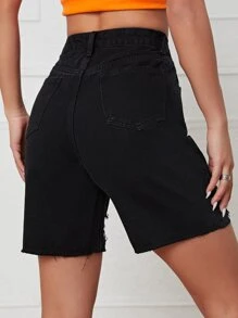 Ripped Raw Hem Denim Shorts - Black - View 2