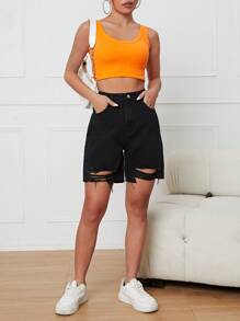 Ripped Raw Hem Denim Shorts - Black - View 3