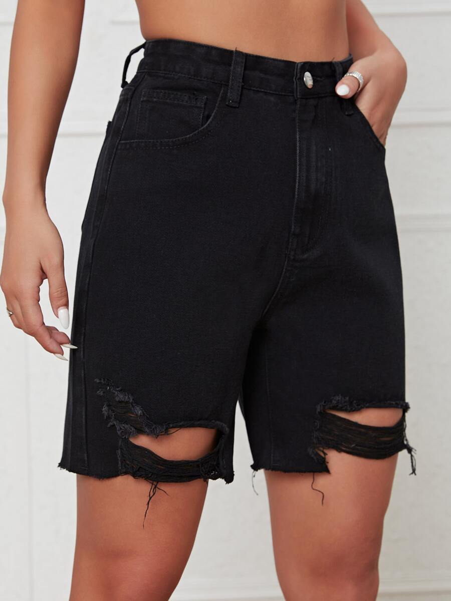 Ripped Raw Hem Denim Shorts - Black - View 1
