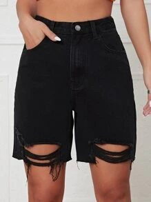 Ripped Raw Hem Denim Shorts - Black - View 5