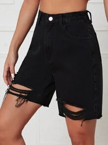 Ripped Raw Hem Denim Shorts - Black - View 6
