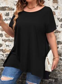 SHEIN LUNE Plus Solid Scoop Neck Tee - Black - View 4