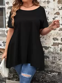 SHEIN LUNE Plus Solid Scoop Neck Tee - Black - View 1