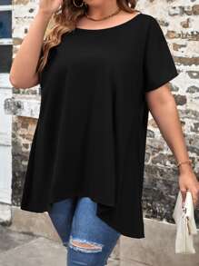 SHEIN LUNE Plus Solid Scoop Neck Tee - Black - View 5
