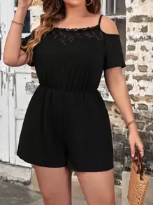 Calvaya Plus Contrast Lace Cold Shoulder Romper - Black - View 1