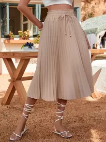 SHEIN Clasi Váy nữ Xếp li Quần paper-bag màu trơn Giải trí - Màu Khaki - Xem 1