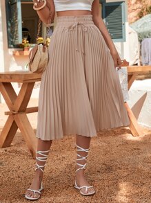 SHEIN Clasi Váy nữ Xếp li Quần paper-bag màu trơn Giải trí - Màu Khaki - Xem 4