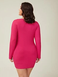 SHEIN BASICS Vestido unicolor De Cuello Redondo Y Ajustado Para Tallas Grandes - Rosa Fucsia - Ver 2