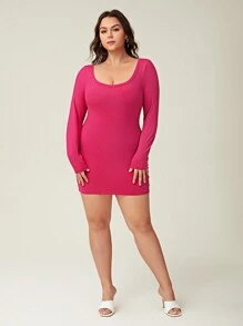 SHEIN BASICS Vestido unicolor De Cuello Redondo Y Ajustado Para Tallas Grandes - Rosa Fucsia - Ver 5