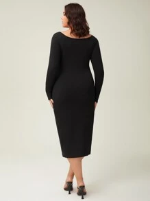 SHEIN BASICS Plus Ribbed Knit Bodycon Dress - Black - View 7