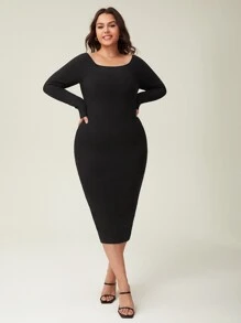 SHEIN BASICS Plus Ribbed Knit Bodycon Dress - Black - View 6
