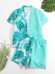 男孩熱帶圖案和服罩衫和沙灘褲