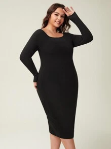 SHEIN BASICS Plus Ribbed Knit Bodycon Dress - Black - View 5