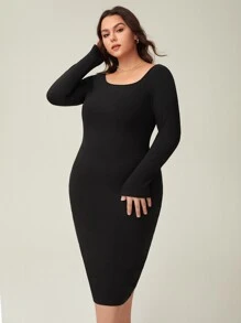 SHEIN BASICS Plus Ribbed Knit Bodycon Dress - Black - View 4