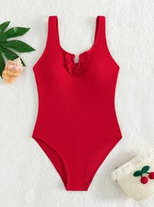 Girls Frill Notched Neck One Piece Swimsuit - Red - View 5