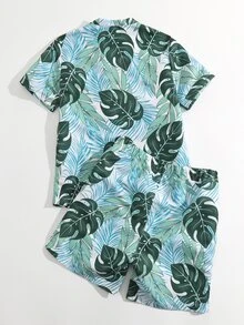 男孩熱帶圖案和服罩衫和沙灘褲