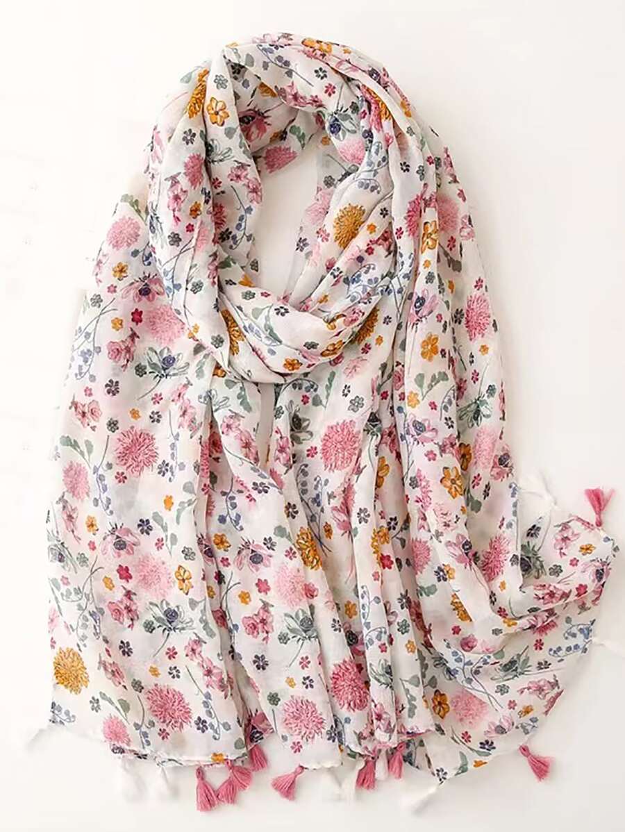 1pc Bali Yarn Lady's Classic Daisy Printed Lightweight Scarf With Tassel, Soft Beach Accessories Windproof Breathable Wrap Shawl For Outdoor Beach Sun Protection - Multicolor - View 1