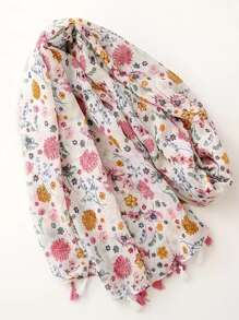 1pc Bali Yarn Lady's Classic Daisy Printed Lightweight Scarf With Tassel, Soft Beach Accessories Windproof Breathable Wrap Shawl For Outdoor Beach Sun Protection - Multicolor - View 2