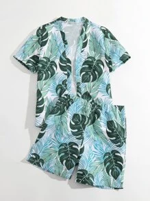 男孩熱帶圖案和服罩衫和沙灘褲