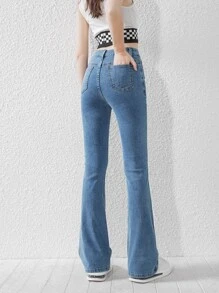 SHEIN Teen Girls Zipper Fly Flare Leg Jeans - Medium Wash - View 2