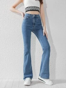 SHEIN Teen Girls Zipper Fly Flare Leg Jeans - Medium Wash - View 3