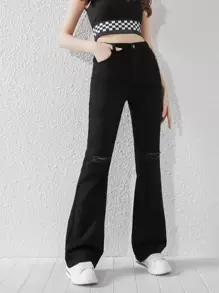 Chicas adolescentes Jeans de pierna amplia desgarro - Negro - Ver 1