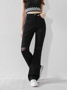 Chicas adolescentes Jeans de pierna amplia desgarro - Negro - Ver 5