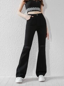 Chicas adolescentes Jeans de pierna amplia desgarro - Negro - Ver 6