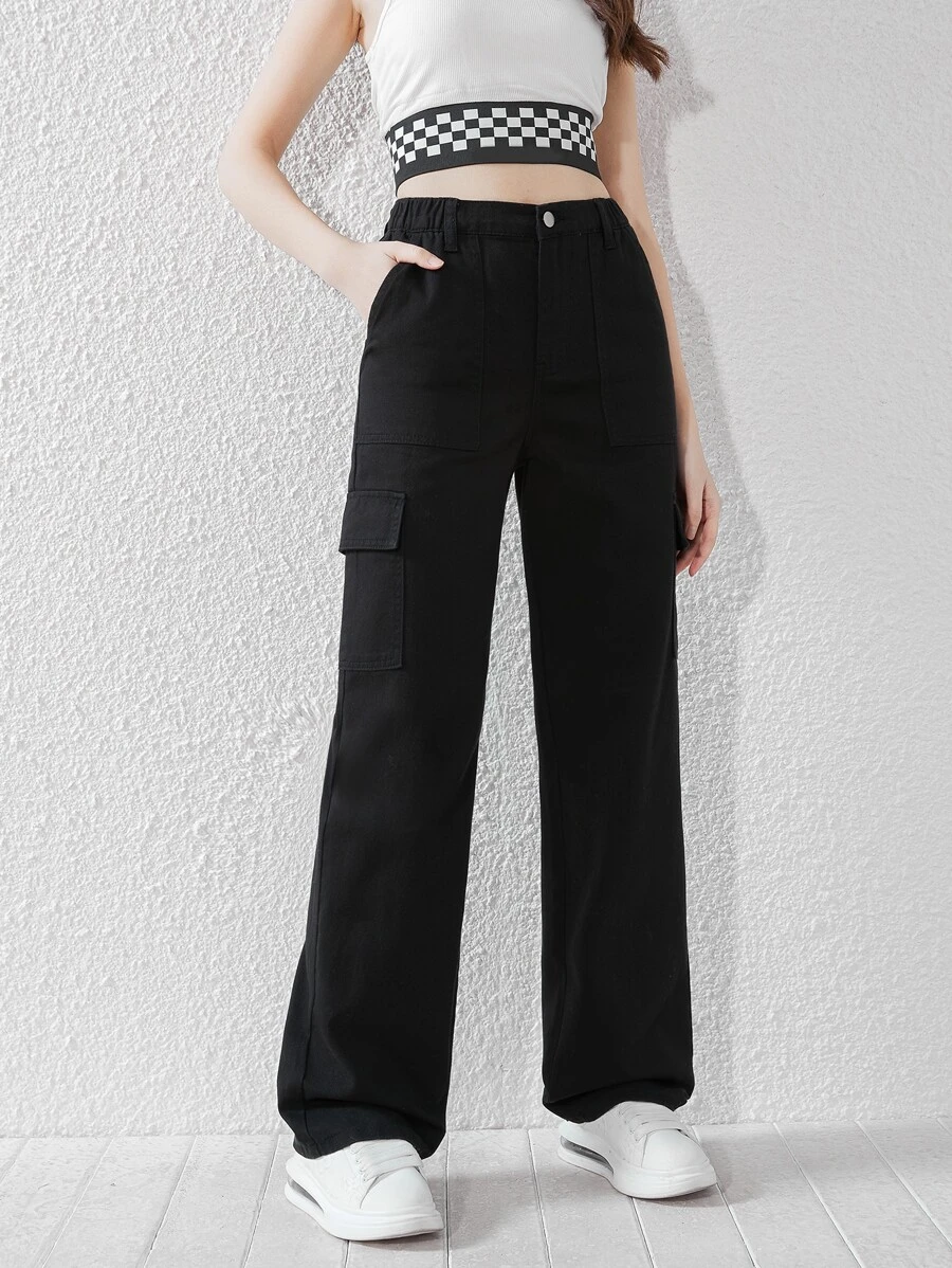 SHEIN Explorewe 青少年女孩翻蓋口袋工裝牛仔褲