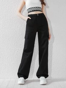 SHEIN Explorewe 青少年女孩翻蓋口袋工裝牛仔褲