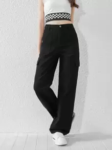 SHEIN Explorewe 青少年女孩翻蓋口袋工裝牛仔褲