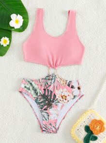 Chicas Bañador una pieza con estampado tropical con abertura - Rosa Pálido - Ver 1