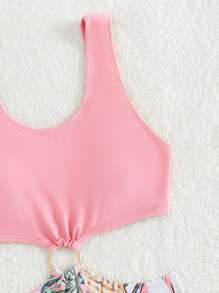 Chicas Bañador una pieza con estampado tropical con abertura - Rosa Pálido - Ver 3