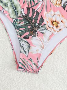 Chicas Bañador una pieza con estampado tropical con abertura - Rosa Pálido - Ver 4