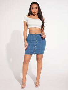 SHEIN SXY Falda en mezclilla con botón delantero ajustado - Azul lavado medio - Ver 4