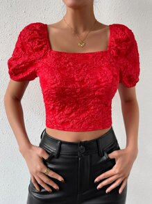 SHEIN Privé Square Neck Lace Up Back Puff Sleeve Crop Blouse - Red - View 1