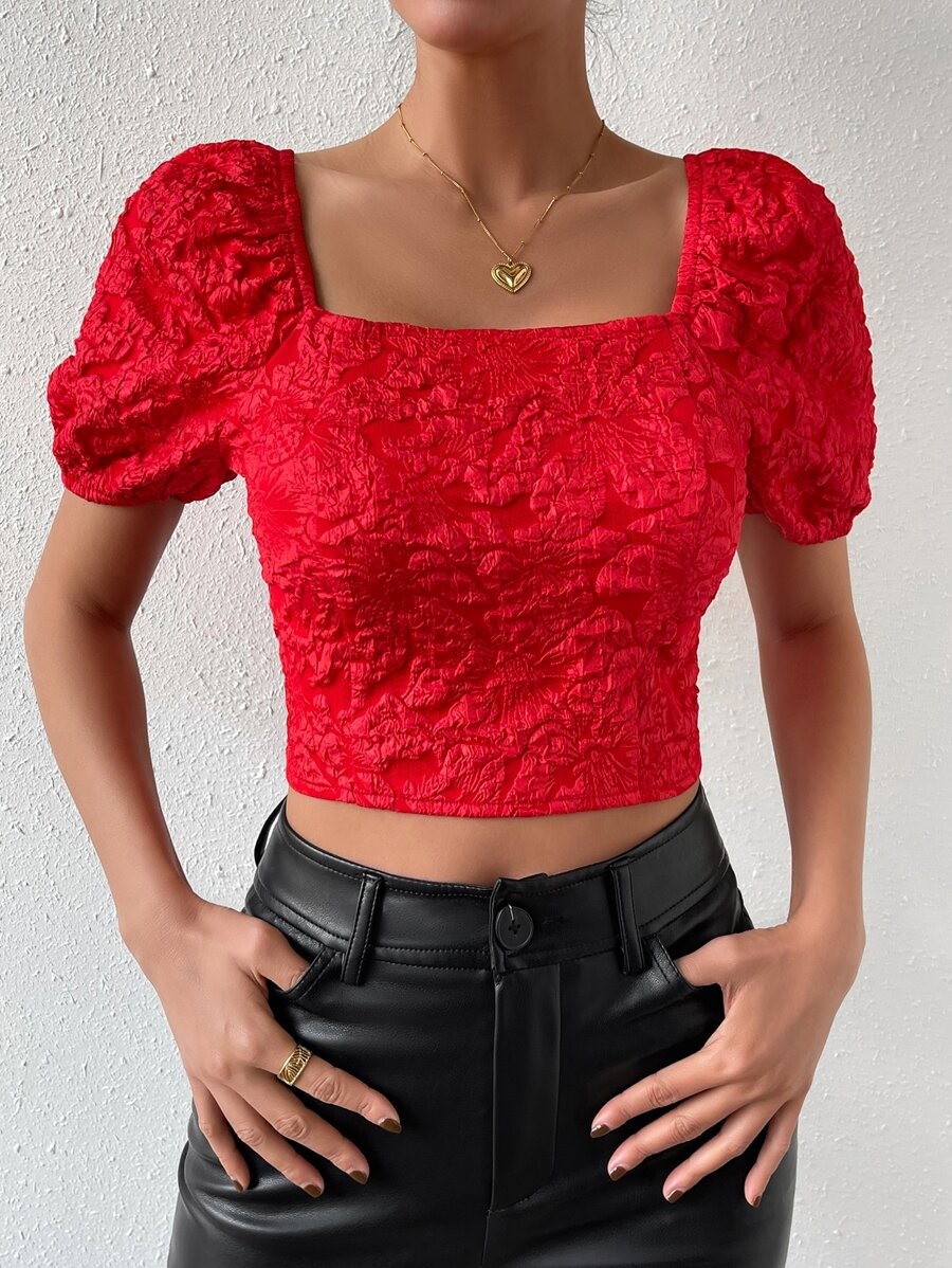 SHEIN Privé Square Neck Lace Up Back Puff Sleeve Crop Blouse - Red - View 1