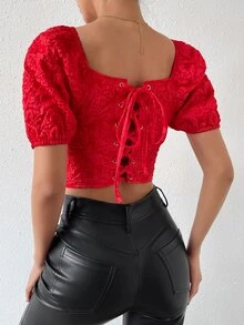 SHEIN Privé Square Neck Lace Up Back Puff Sleeve Crop Blouse - Red - View 2