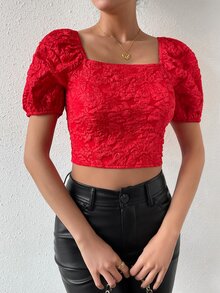 SHEIN Privé Square Neck Lace Up Back Puff Sleeve Crop Blouse - Red - View 3
