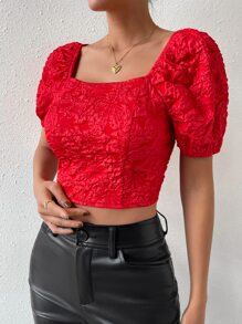 SHEIN Privé Square Neck Lace Up Back Puff Sleeve Crop Blouse - Red - View 5