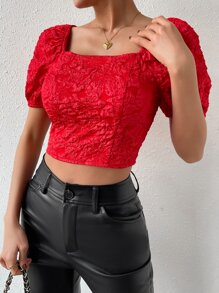 SHEIN Privé Square Neck Lace Up Back Puff Sleeve Crop Blouse - Red - View 6