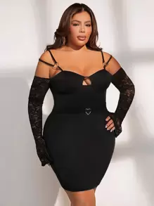 SHEIN SXY Plus Contrast Lace Cold Shoulder Bodycon Dress - Black - View 1