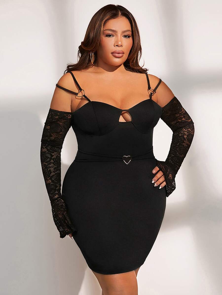 SHEIN SXY Plus Contrast Lace Cold Shoulder Bodycon Dress - Black - View 1