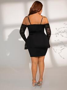 SHEIN SXY Plus Contrast Lace Cold Shoulder Bodycon Dress - Black - View 2