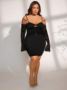 SHEIN SXY Plus Contrast Lace Cold Shoulder Bodycon Dress - Black - View 6